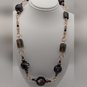 Handmade Black & Bronze Lampwork Glass & Smokey Quartz Necklace